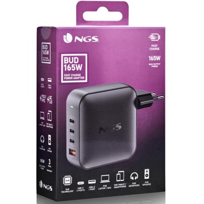 NGS Cargador de Pared GaN 165W con 4 Puertos (3xUSB-C + 1xUSB-A) Negro BUD165W
